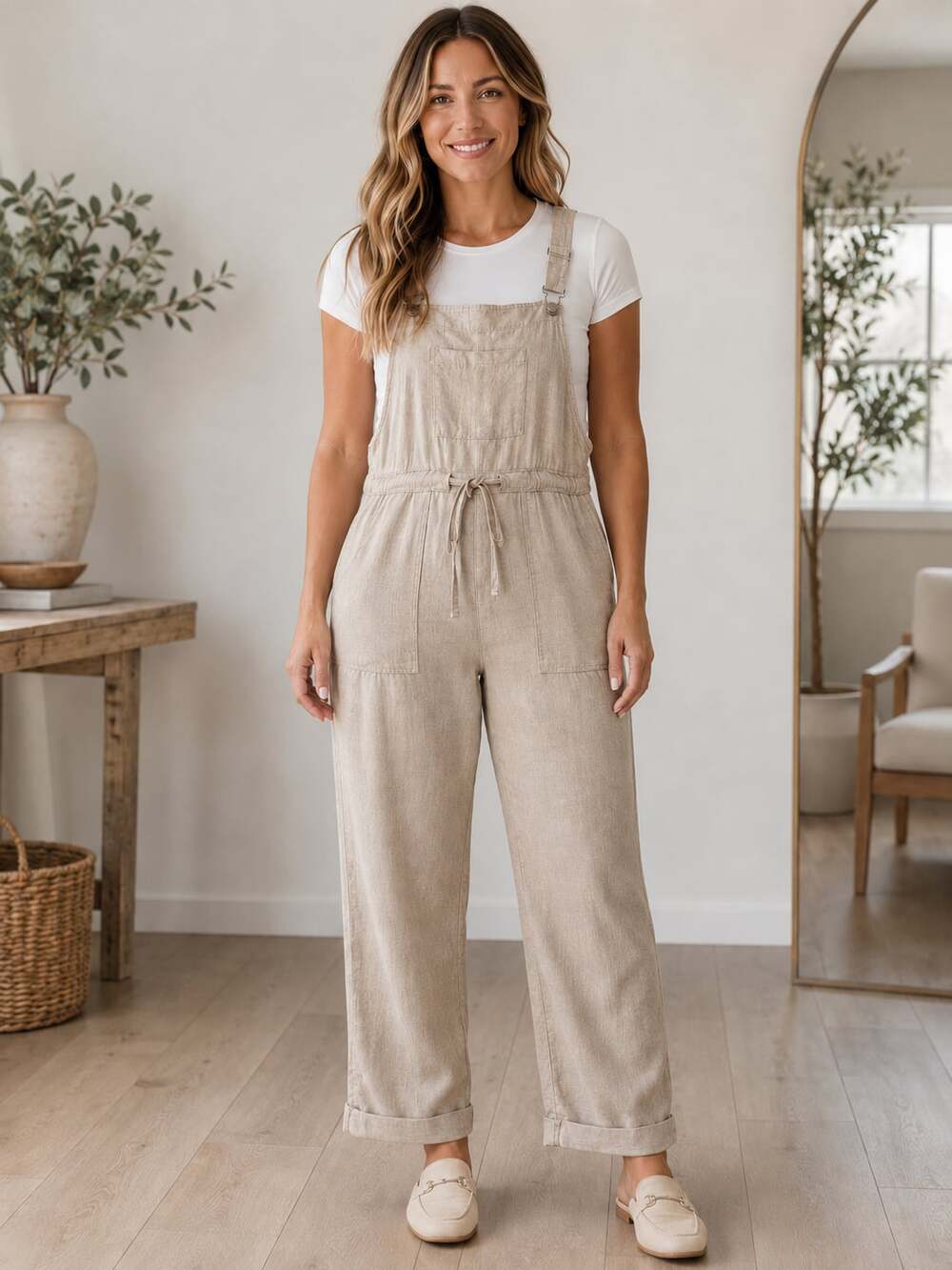 Classic Fashion Collection Linen Blend Overalls Jumpsuit Beige Drawstring M